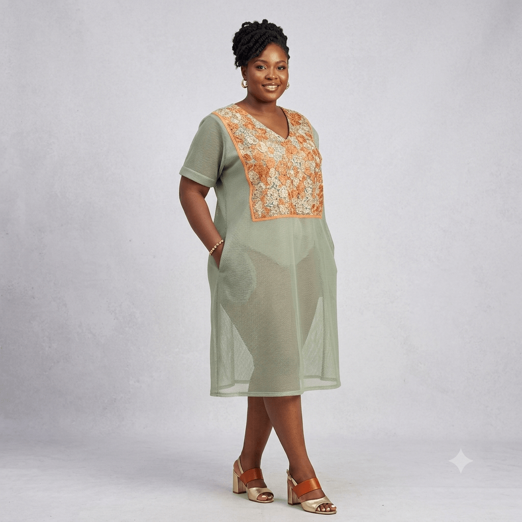 Luisa Sheer Mesh Knee-Length Shift Dress with Patterned Yoke