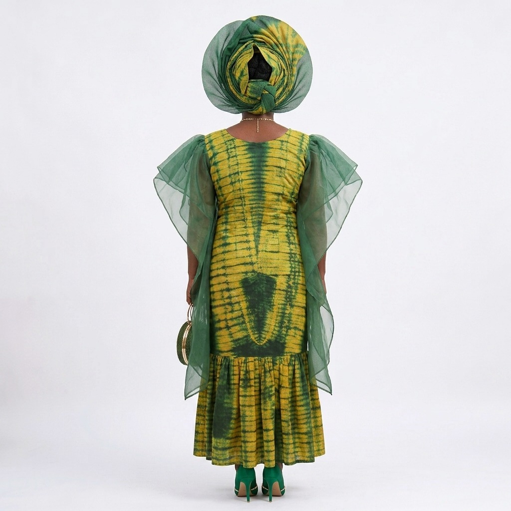 Alexia Hand Made Adire Bubu Dress with Scarf - Image 2
