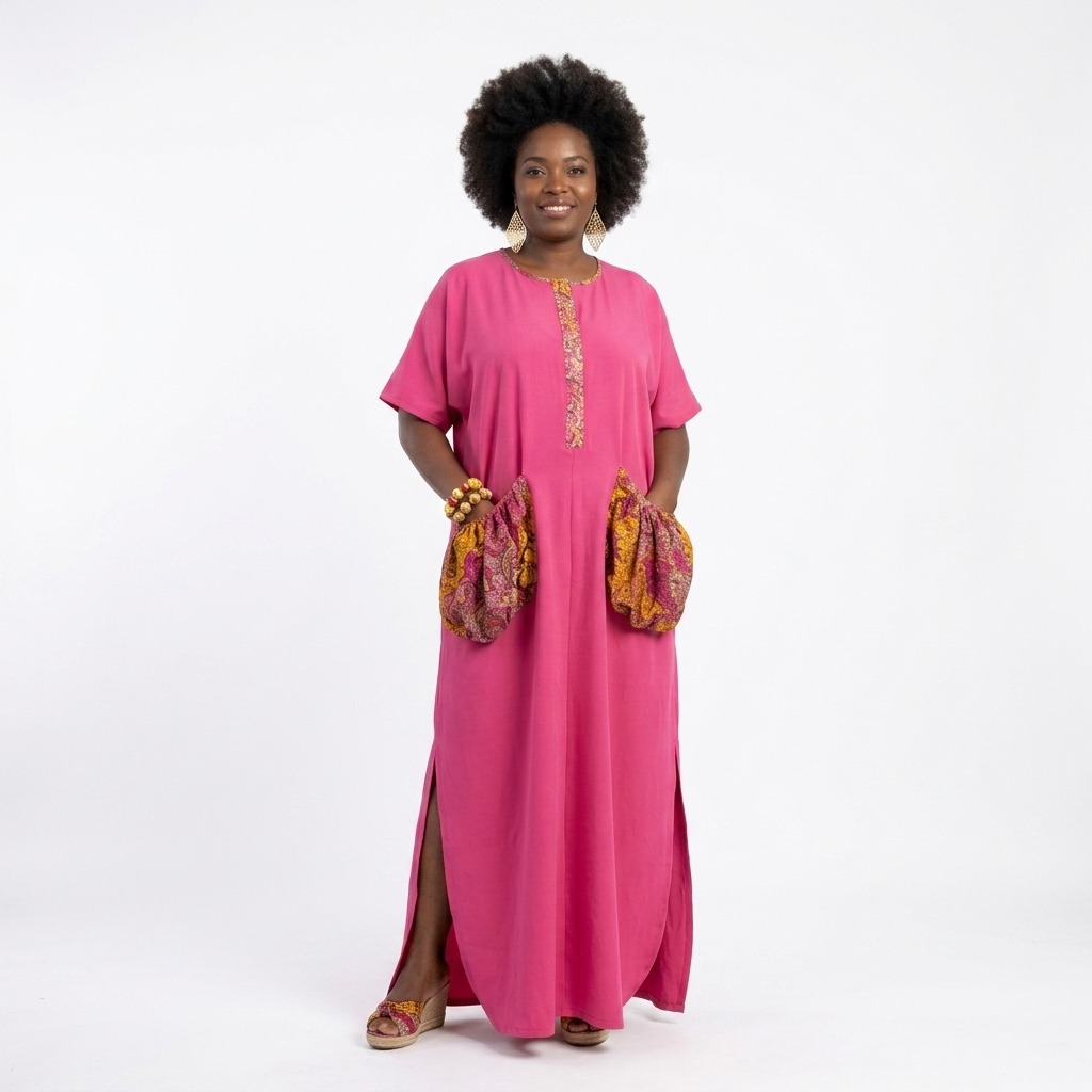 Traci Vibrant Fuchsia Kaftan with Patterned Pockets & Trim