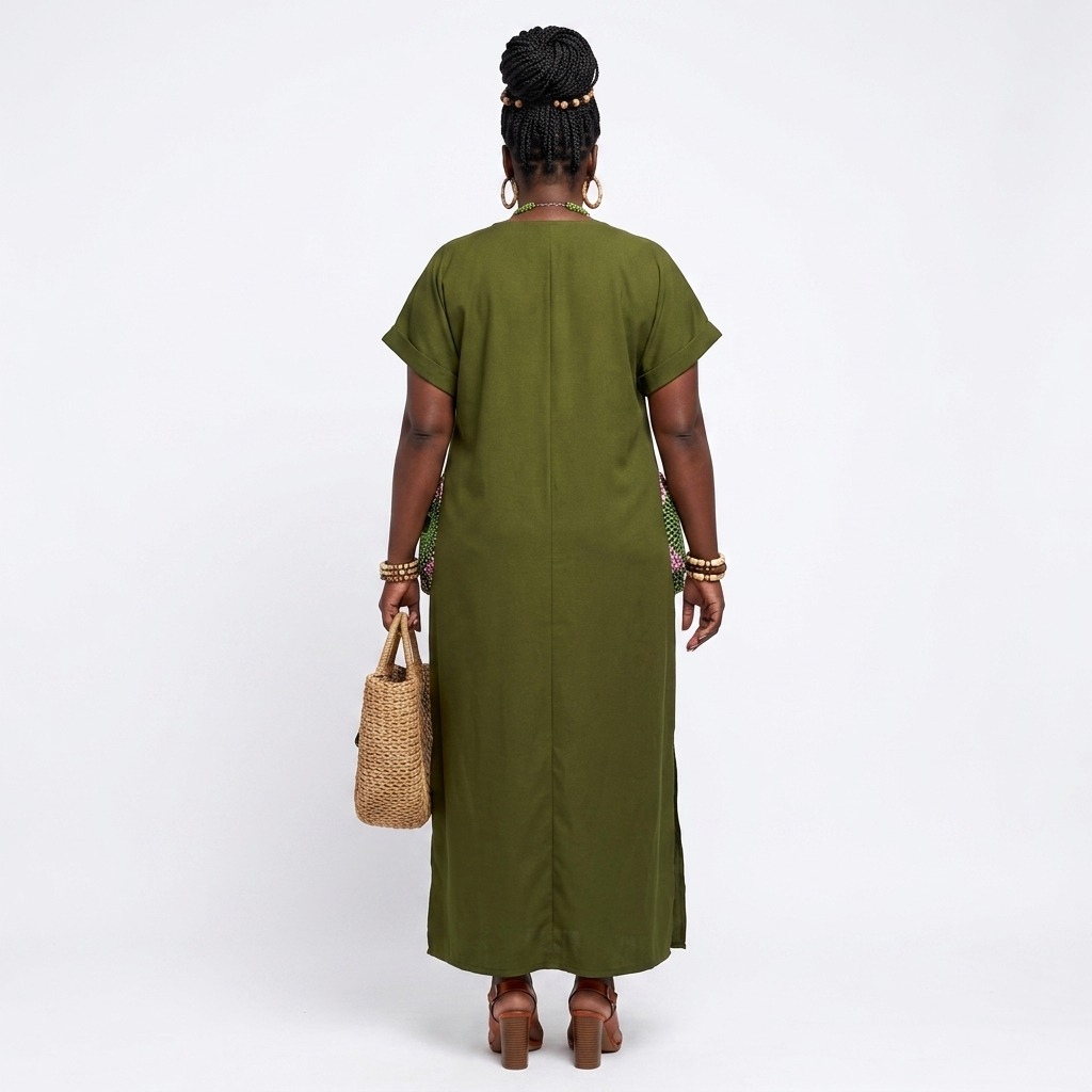 Linda Olive Green Maxi Tunic with Ankara Patchwork Pockets - Image 2