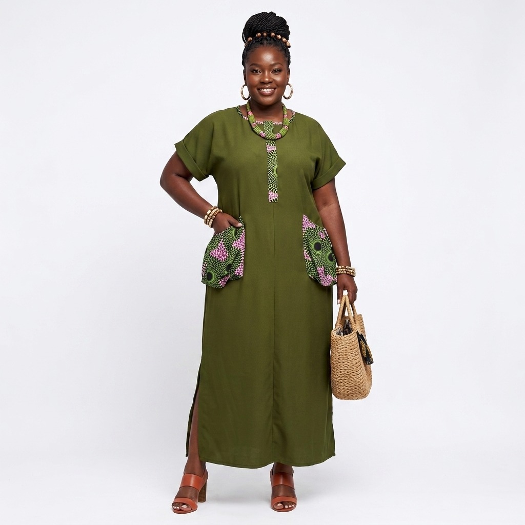 Linda Olive Green Maxi Tunic with Ankara Patchwork Pockets