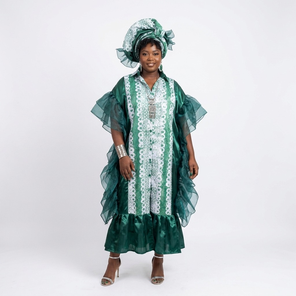 Safiya Emerald Ruffled Organza Kaftan Dress