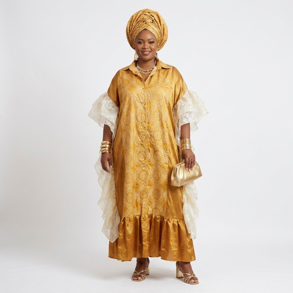 Hadiza Mustard Adire & Organza Shirt-Dress Bubu